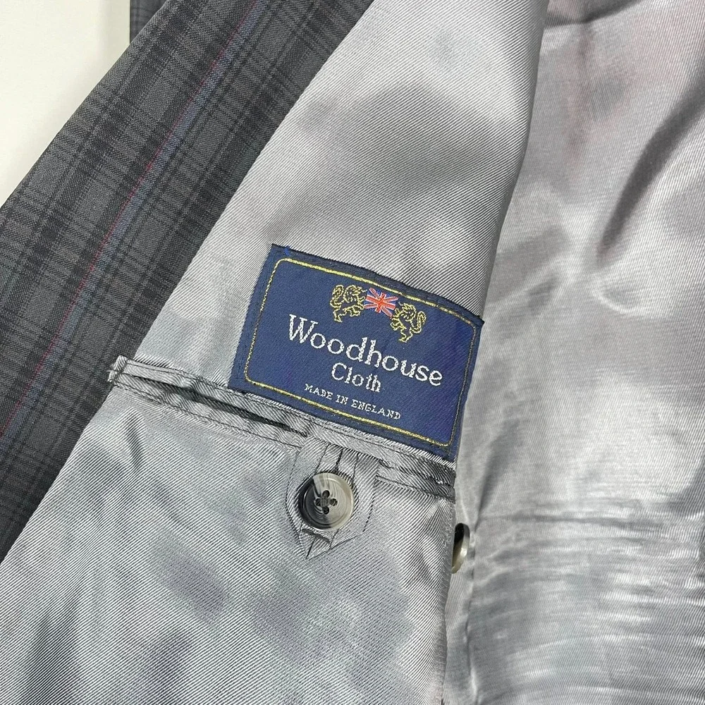 VTG Woodhouse Cloth‎ Mens Double Breasted Blazer Dark Gray Blue Plaid UK 90s 44R